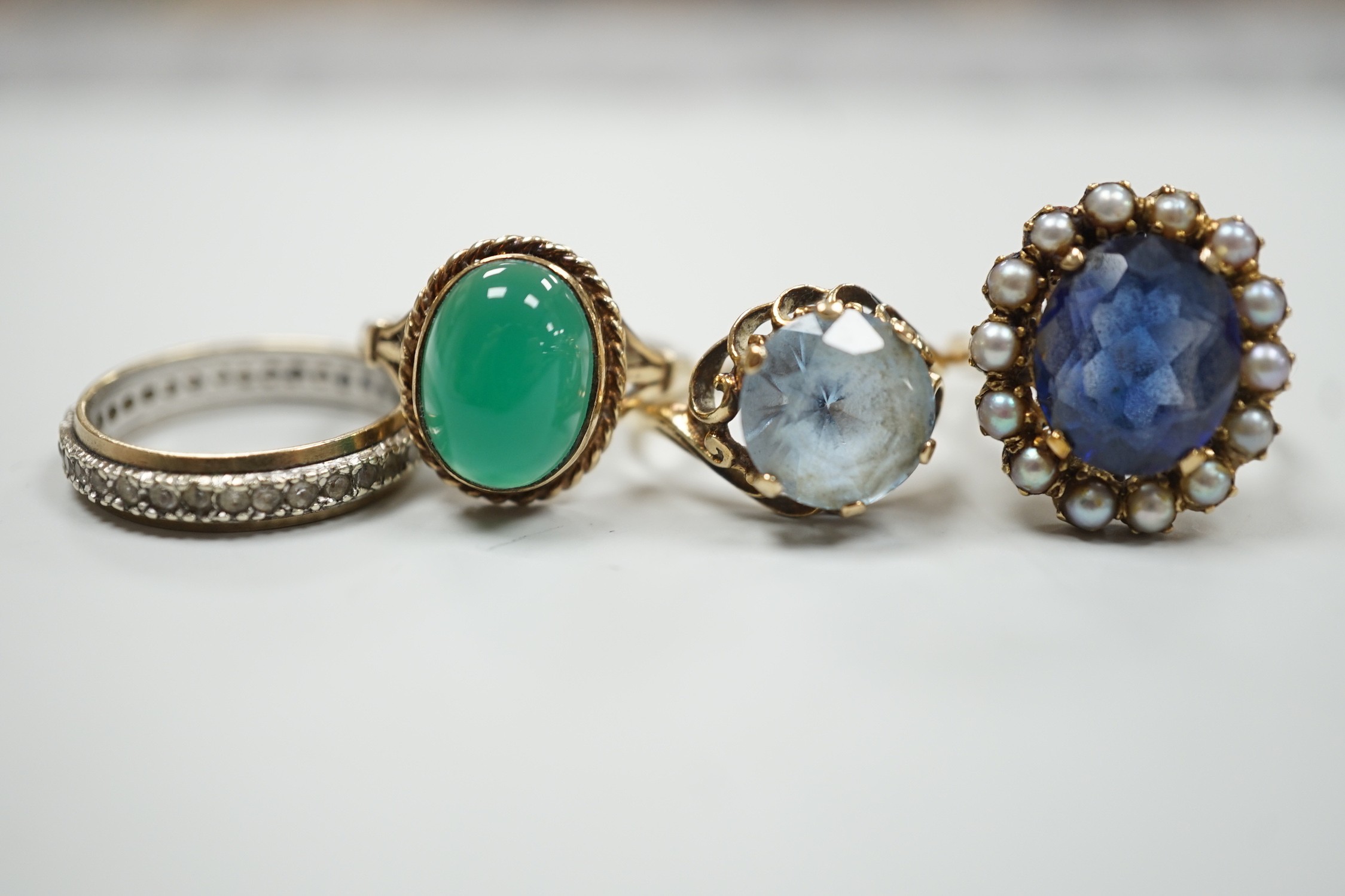 Four various 9ct and gem set dress rings, including chrysoprase cabochon, gross weight 13.3 grams.